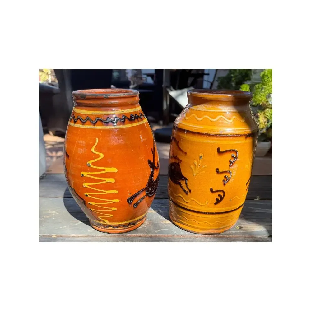 Rare Matching Pair Greg Shooner Redware Stag Vases Slip Trailed Folk Art Pottery